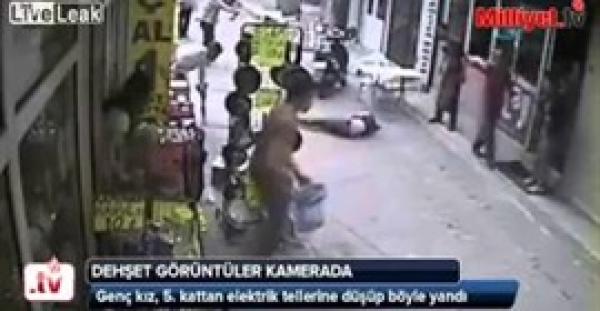 بالفيديو.. فتاة تسقط من الطابق الخامس لتصعقها أسلاك الكهرباء