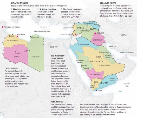 صحيفة نيويورك تايمز تنشر خارطة الشرق الأوسط الجديد:(5 دول تصبح 14)