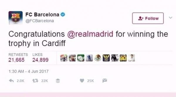 برشلونة يهنئ ريال مدريد بلقب "أبطال أوروبا"